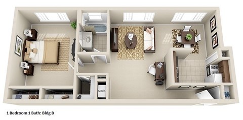 Floor plan for 1 bed, 1 bath, 580 sqft
